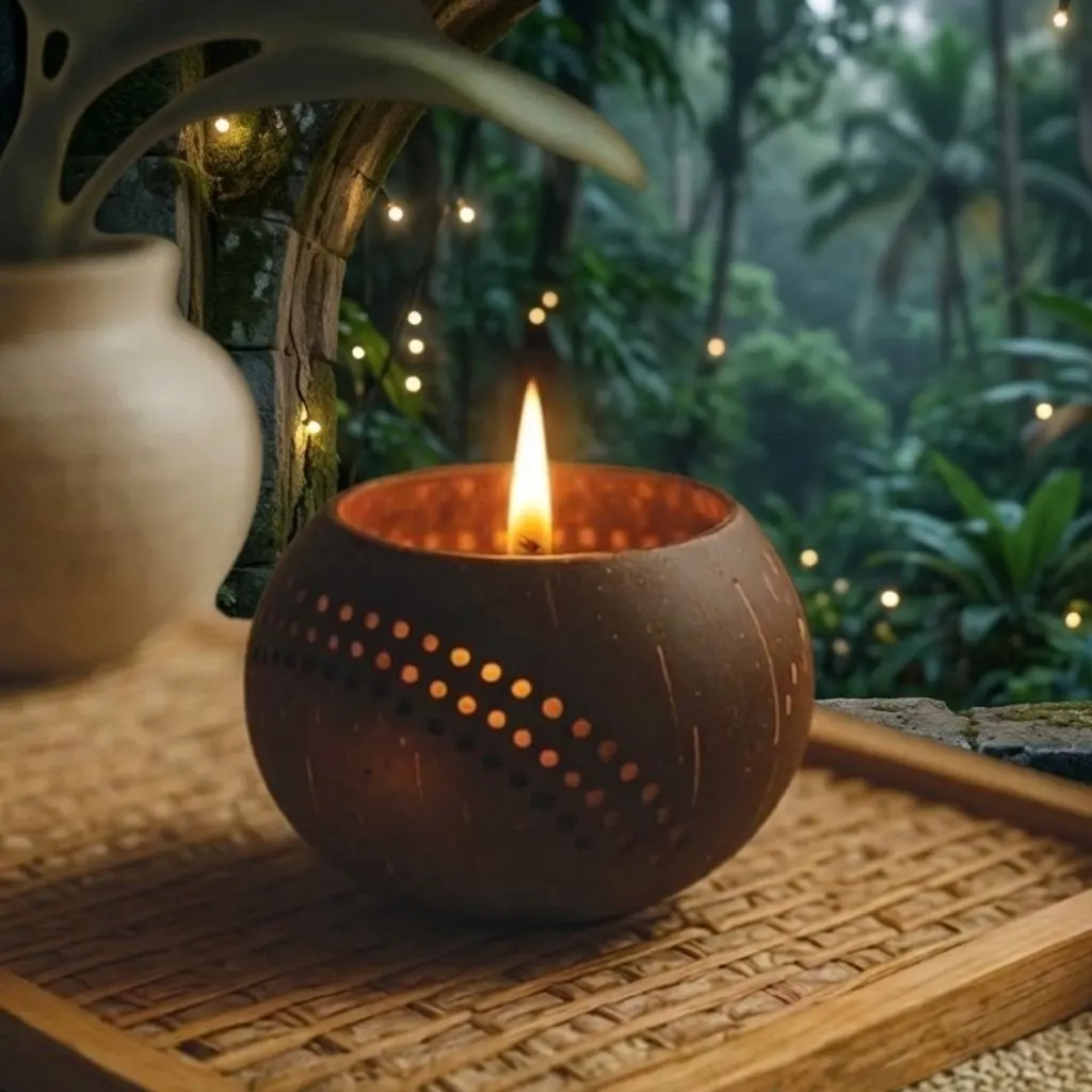 Tropical coconut candle holder with warm glowing flame on wooden tray, eco-friendly home decor surrounded by lush green jungle background and soft ambient lights
