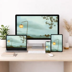 Cozy Misty Mountain Lamp Wallpaper Set | Minimal Calm Nature Aesthetic for Desktop, iPad & Mobile
