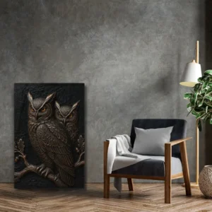 Eternal Bond: Majestic Owl Couple Bronze Relief – Premium Slim Canvas Art