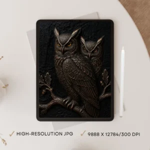 10K Owl Couple Digital Masterpiece: Majestic Bronze Relief – Instant Download Printable Art