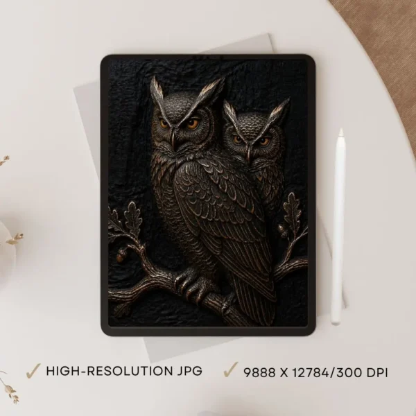 10K Owl Couple Digital Masterpiece: Majestic Bronze Relief – Instant Download Printable Art