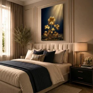 Golden Clover Luxury Wall Art, Lucky Leaf Canvas Print, Minimalist Gold Botanical Artwork, Elegant Home Decor