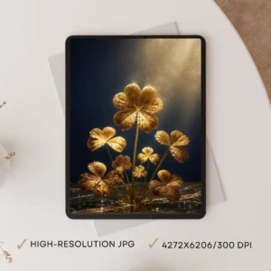 Instant Download | Golden Four-Leaf Clover Print, Minimalist Luxury Botanical Digital Art