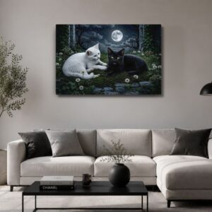 Moonlit Black & White Kittens Canvas Wall Art