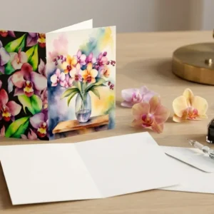 Orchid Watercolor Greeting Card Set | Floral Botanical Art Card | Front & Back Design | Romantic Pink Purple Flowers