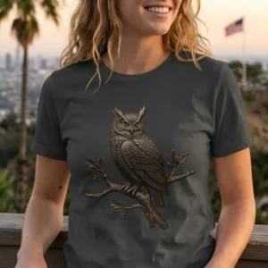 Premium Black T-Shirt with Bronze Owl Print – Stylish Night Owl Design