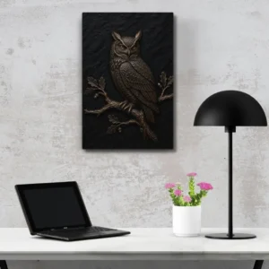 Silent Guardian Owl on Slate Texture Background - Intricate Wood Relief Canvas Print