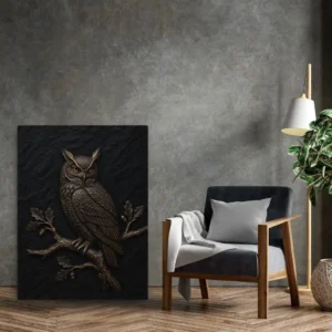 Silent Guardian Owl on Slate Texture Background - Intricate Wood Relief Canvas Print