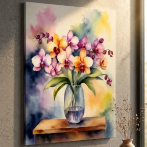 Watercolor Orchid Canvas Wall Art | Pink Purple Floral Botanical Painting | Elegant Flower Vase Artwork | Romantic Home Decor Print