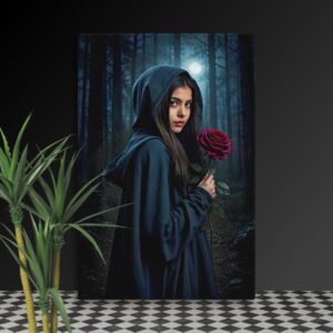 Gothic Moonlit Rose Canvas Wall Art – Dark Fantasy Woman in Foggy Forest