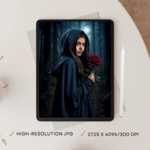 Gothic Moonlit Rose Printable Wall Art – Dark Fantasy Woman in Foggy Forest